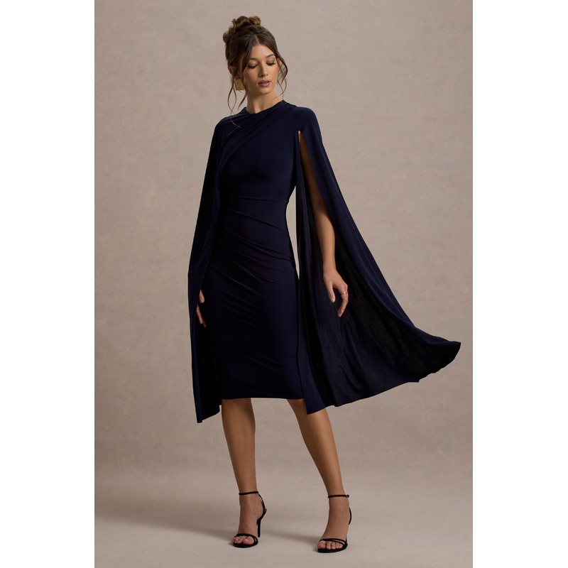 Marysol | Navy Asymmetric Cape Midi Dress