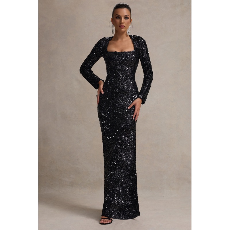 My Dream | Black Sequin Square-Neck Long-Sleeve Maxi Dress