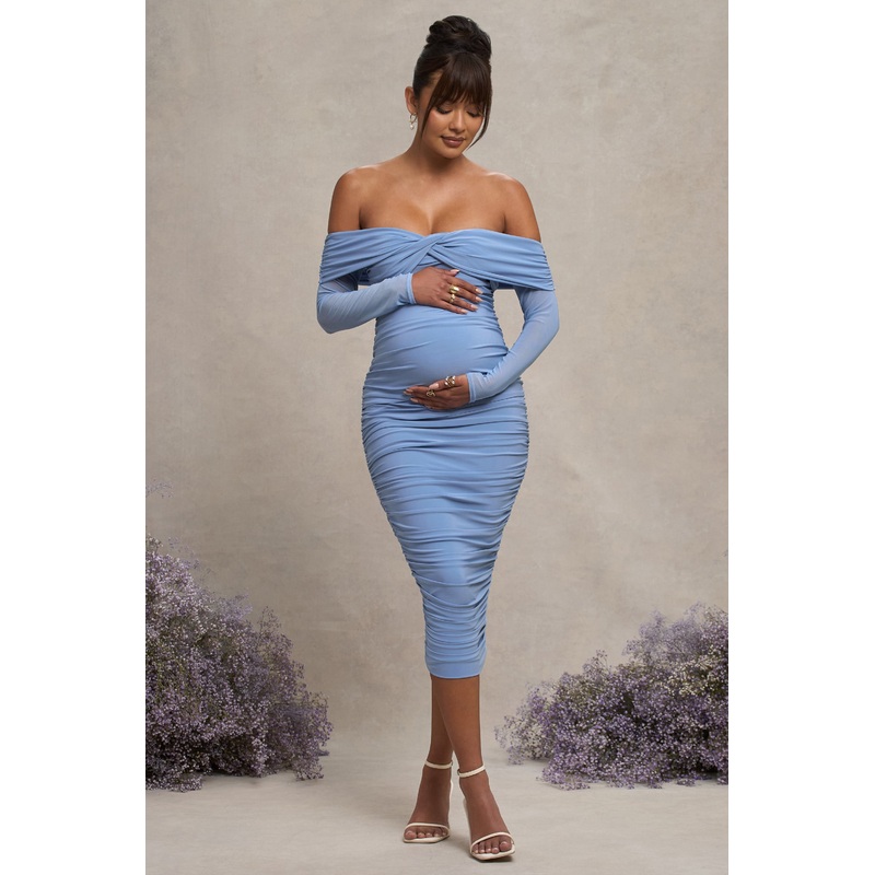 Neva | Powder Blue Bardot Twist Maternity Midi Dress