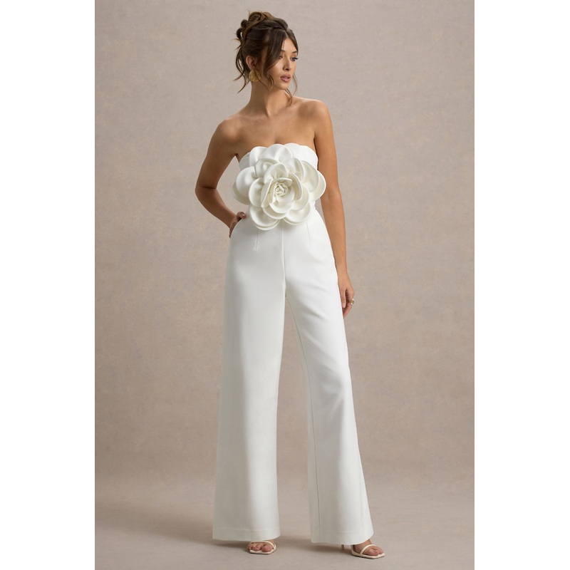 Opia | White Bandeau Wide-Leg Jumpsuit With Large Floral Corsage