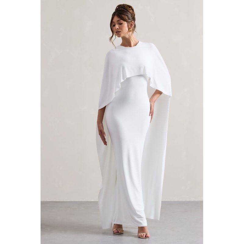 Palena | White Draped Maxi Dress With Cape Sleeves