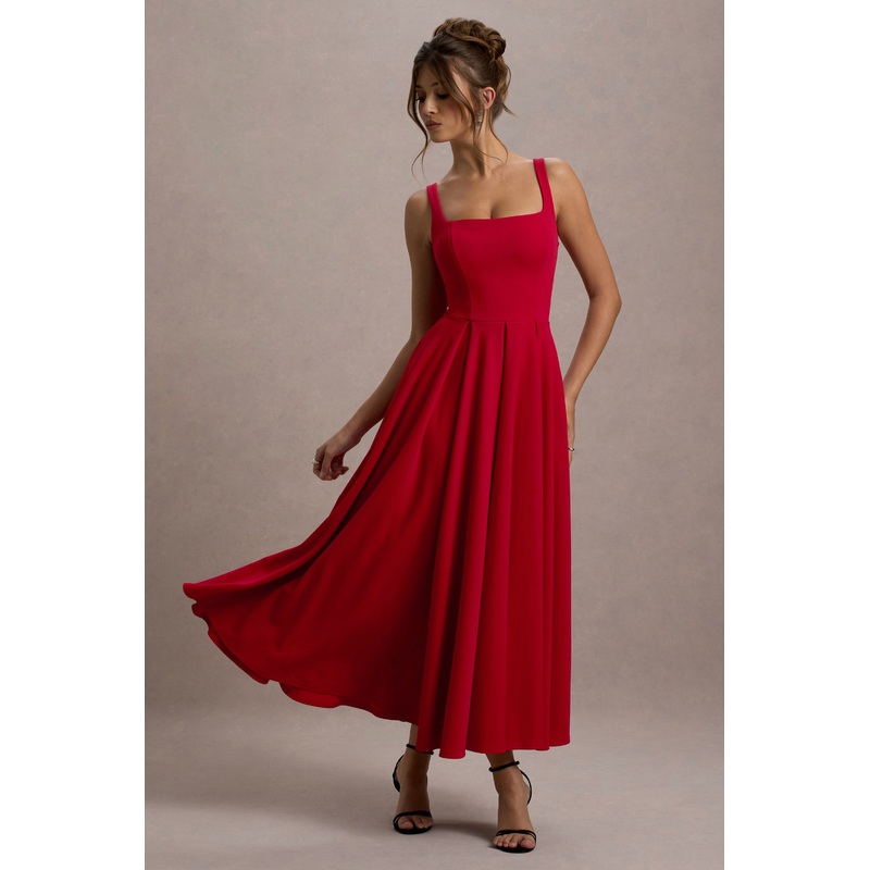 Parina | Red Strappy Volume-Hem Midi Dress