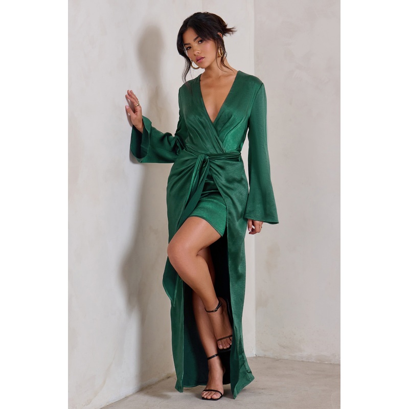 Patricia | Green Extreme Plunge Long Sleeve Maxi Dress With Tie Detail