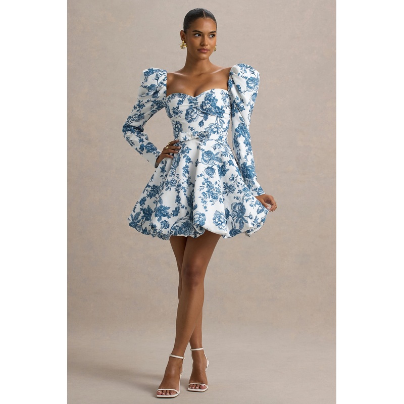 Peony | Blue Floral Print Sweetheart Mini Dress