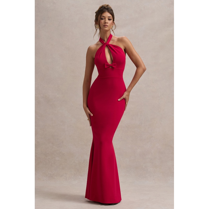Raelynn | Red Halter-Neck Cut-Out Maxi Dress With Bow