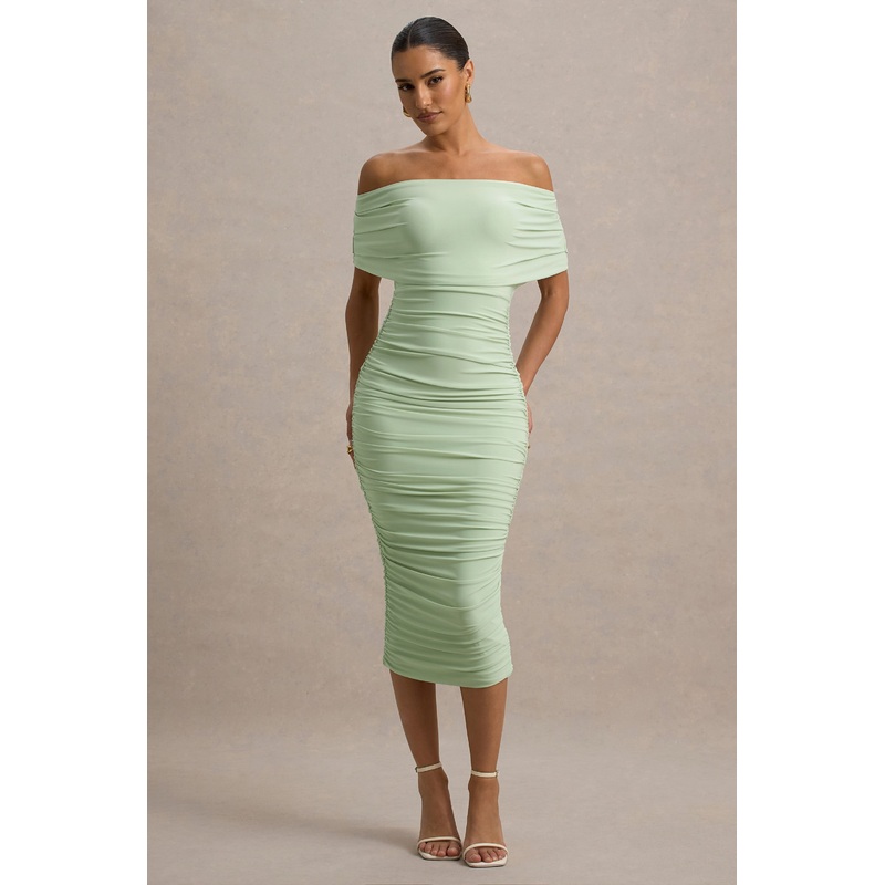 Rayleigh | Light Green Bardot Ruched Midi Dress