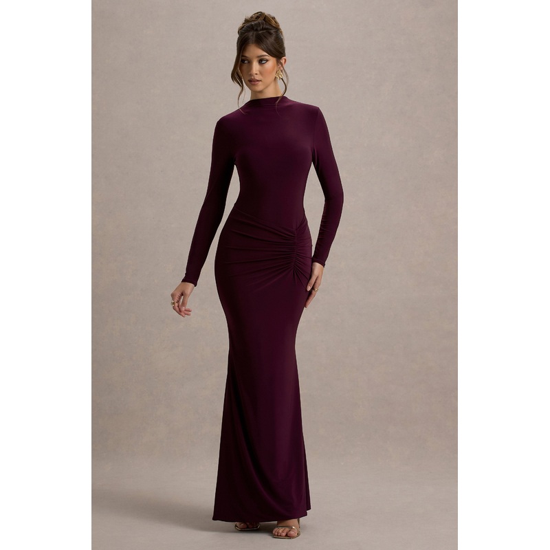 Reid | Plum Long-Sleeve Gathered Maxi Dress