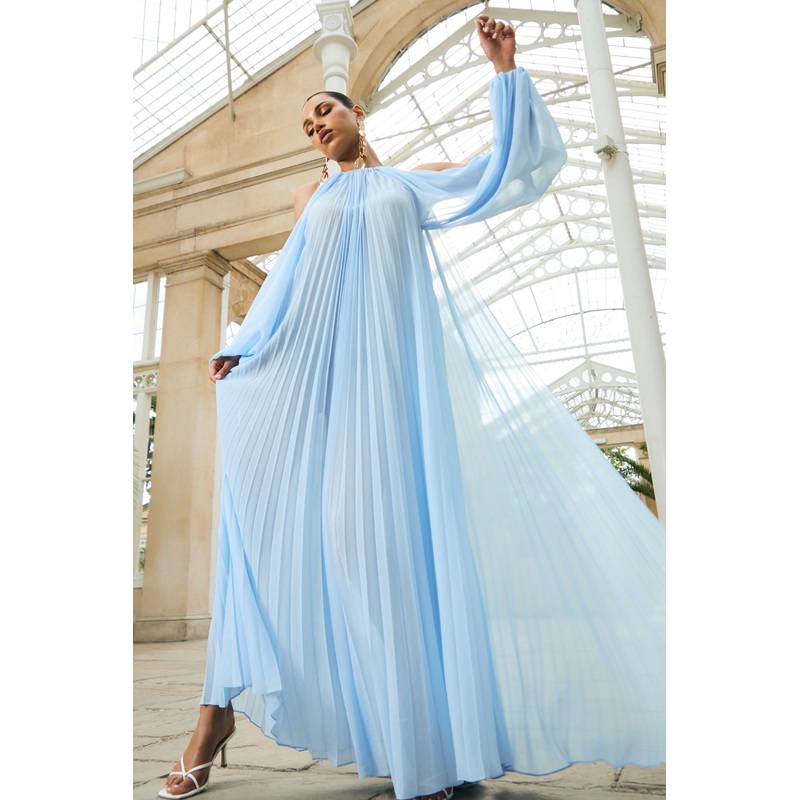 Reyna | Powder Blue Pleated Chiffon Cold-Shoulder Maxi Dress