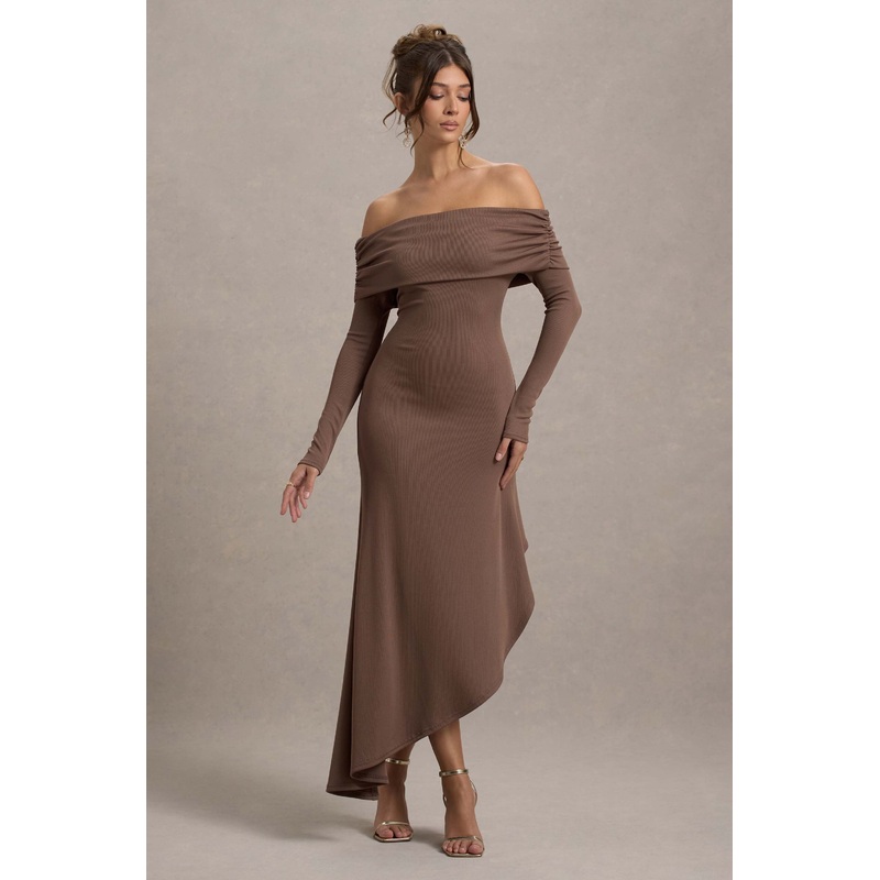 Romina | Mocha Rib Knit Bardot Maxi Dress With Asymmetric Hem