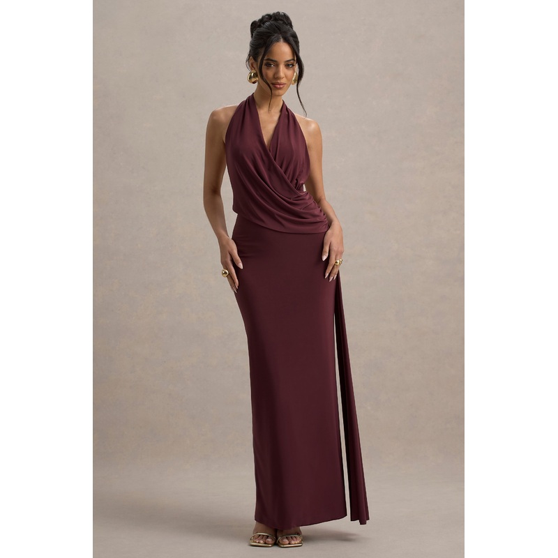Rosina | Burgundy Halter-Neck Draped Maxi Dress With Sash