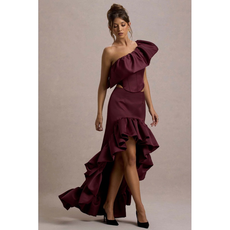 Ruby | Merlot Satin High-Low Maxi Skirt