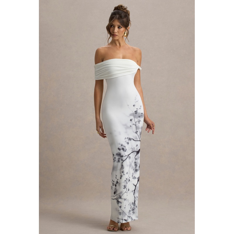 Sachi | White Print Twisted Bardot Maxi Dress
