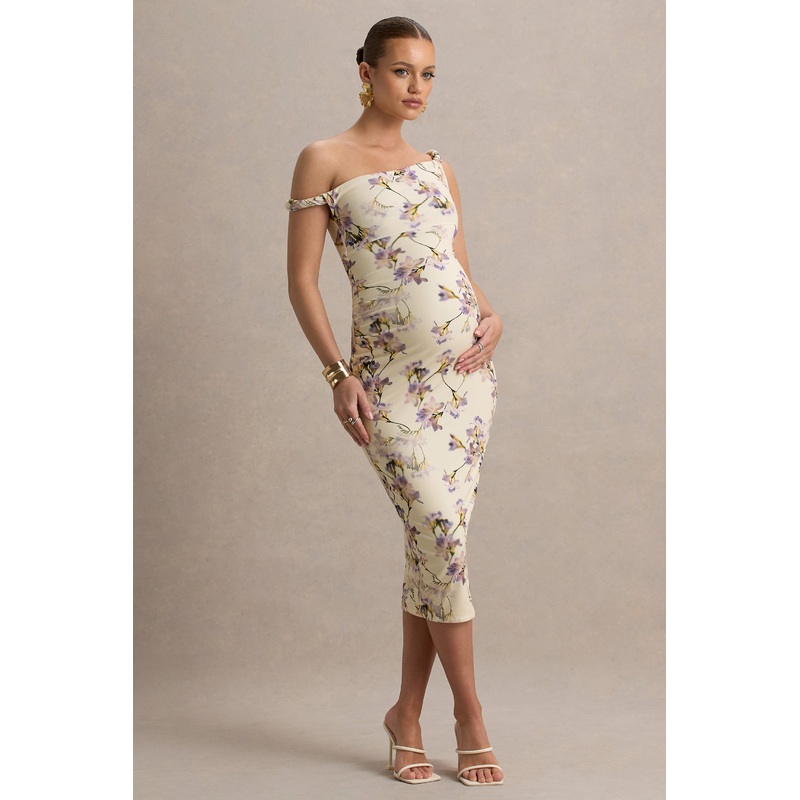 Salome | Lemon Floral Print Floral Print Twisted Asymmetric Maternity Midi Dress