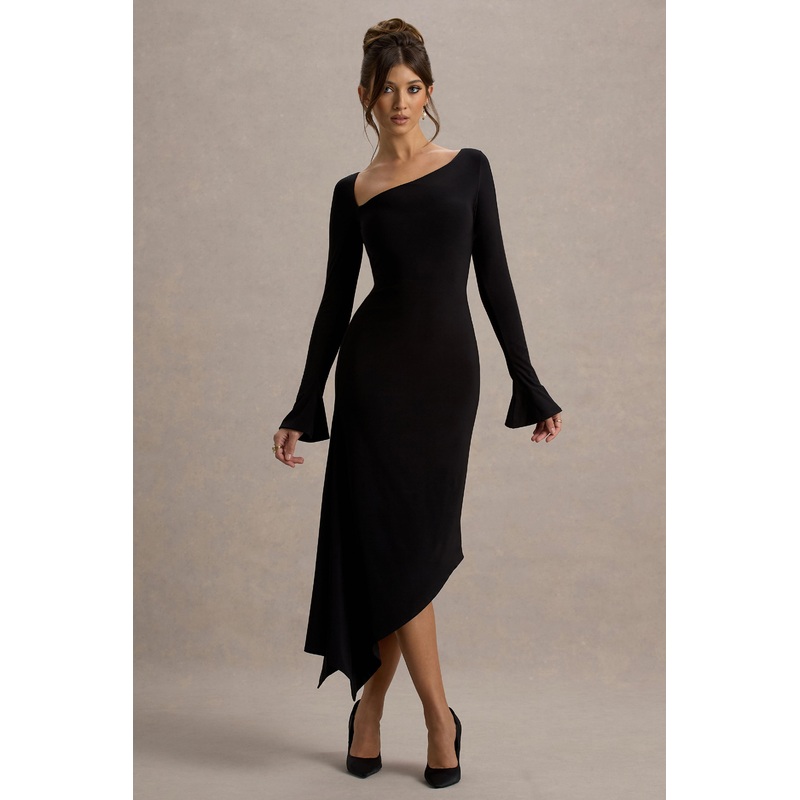 Serenita | Black Asymmetric Long-Sleeve Midi Dress