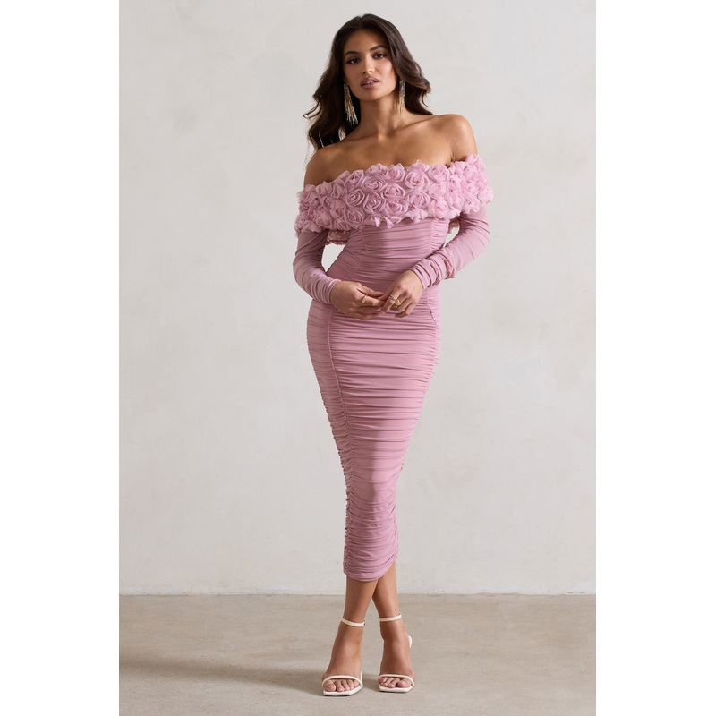 Sierra | Pink Mesh Ruched Floral Bardot Lace-Up Midi Dress