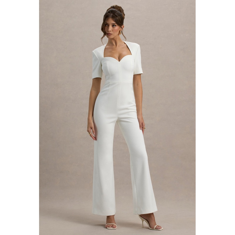 Simone | White Sweetheart Short-Sleeve Wide-Leg Jumpsuit