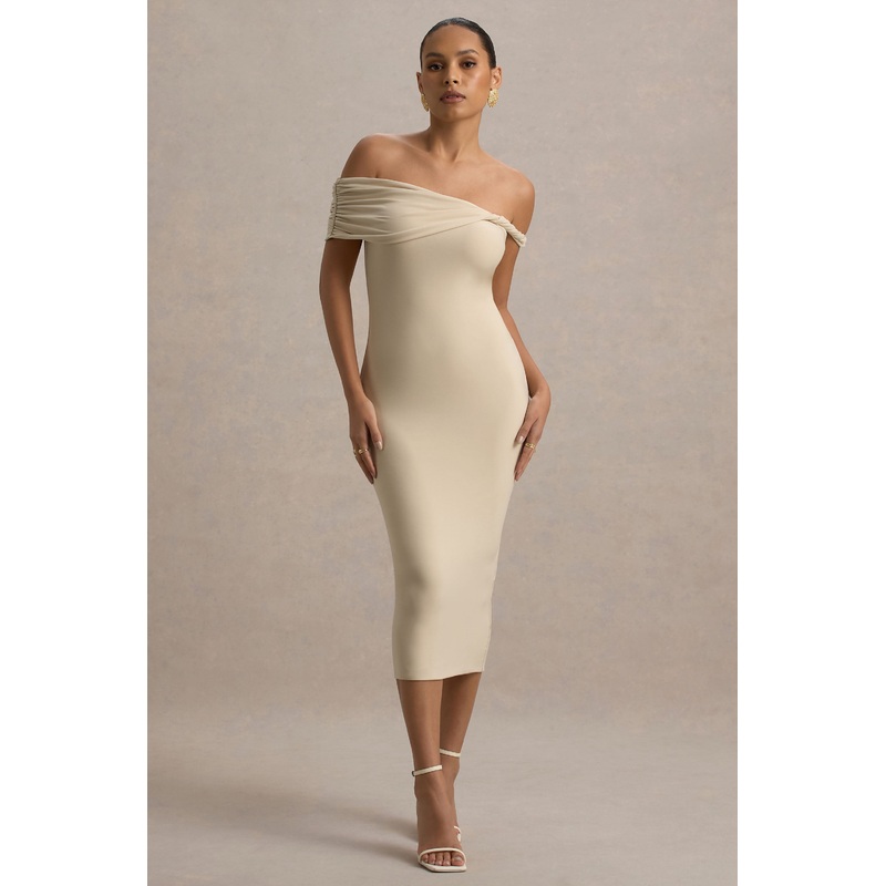 Skye | Sand Twisted Bardot Midi Dress