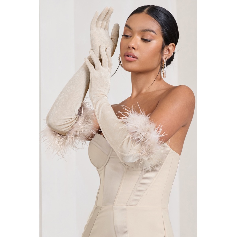 Spicy Signs | Champagne Long-Sleeved Feather Gloves