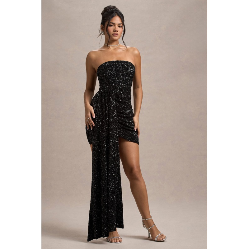 Swiftly | Black Sequin Corset Bandeau Mini Dress With Drape