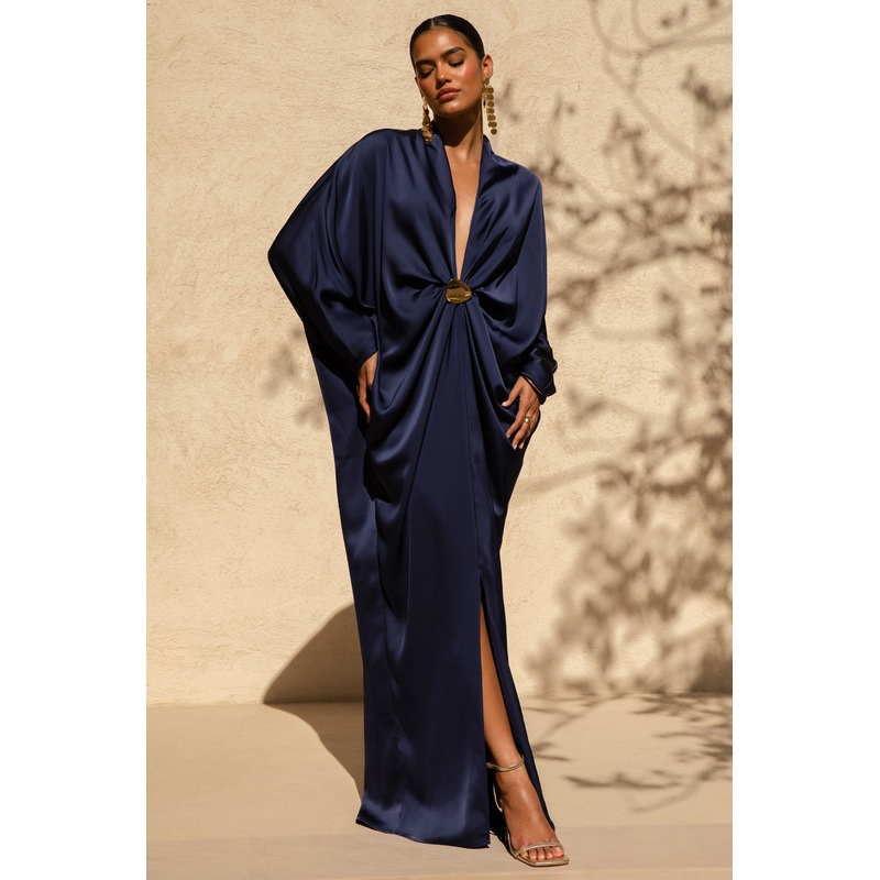 Tina | Navy Satin Plunge-Neck Embellished Maxi Dress