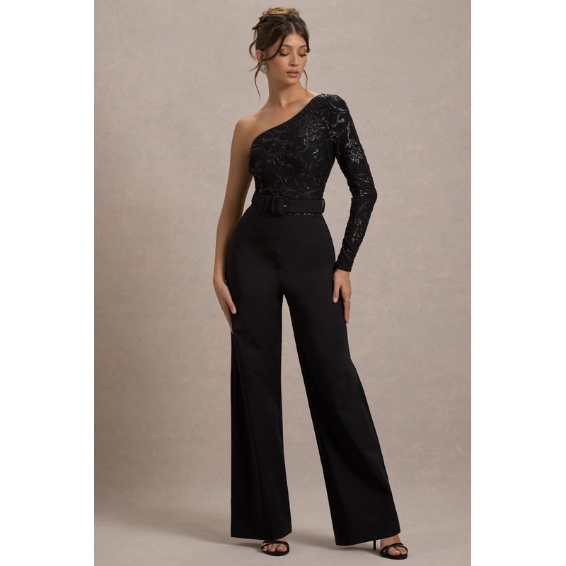 Upgrade | Black Lace Asymmetric Belted Wide-Leg Jumpsuit