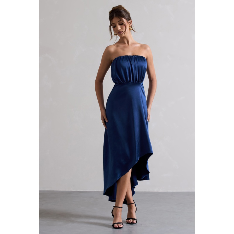 Willa | Navy Satin Bandeau Maxi Dress With Asymmetric Hem