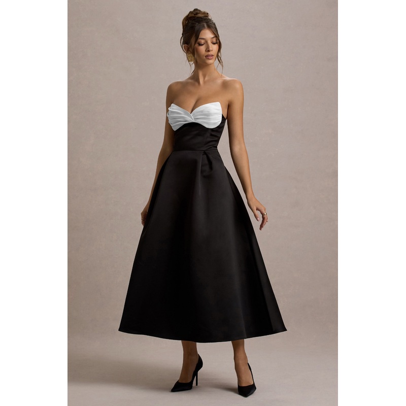 Wintour | Black Satin Sweetheart Midi Dress