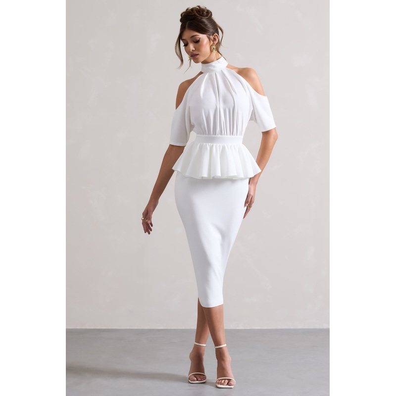Yves | White High-Neck Cut-Out Midi Dress With Peplum Waist