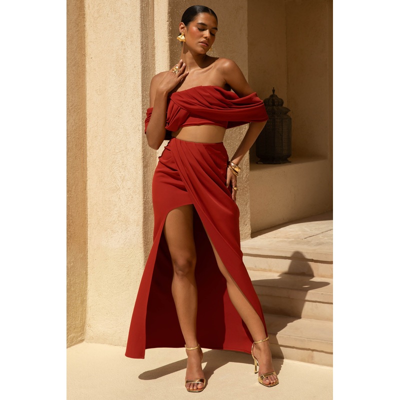 Zelina | Terracotta Mid-Rise Maxi Skirt with Split