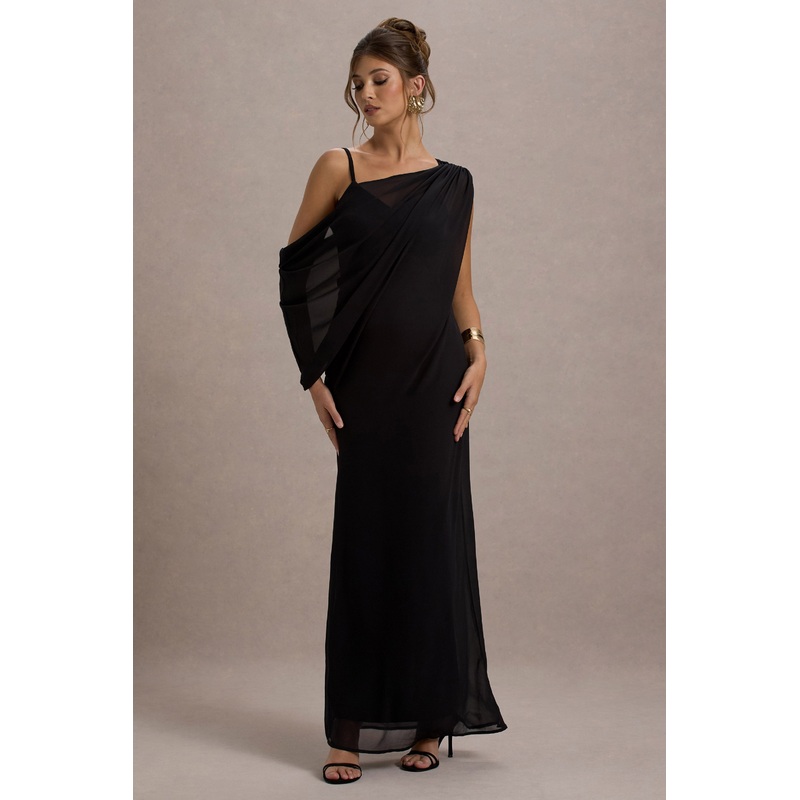 Aeliana | Black Strappy V-Neck Maxi Dress With Chiffon Sash