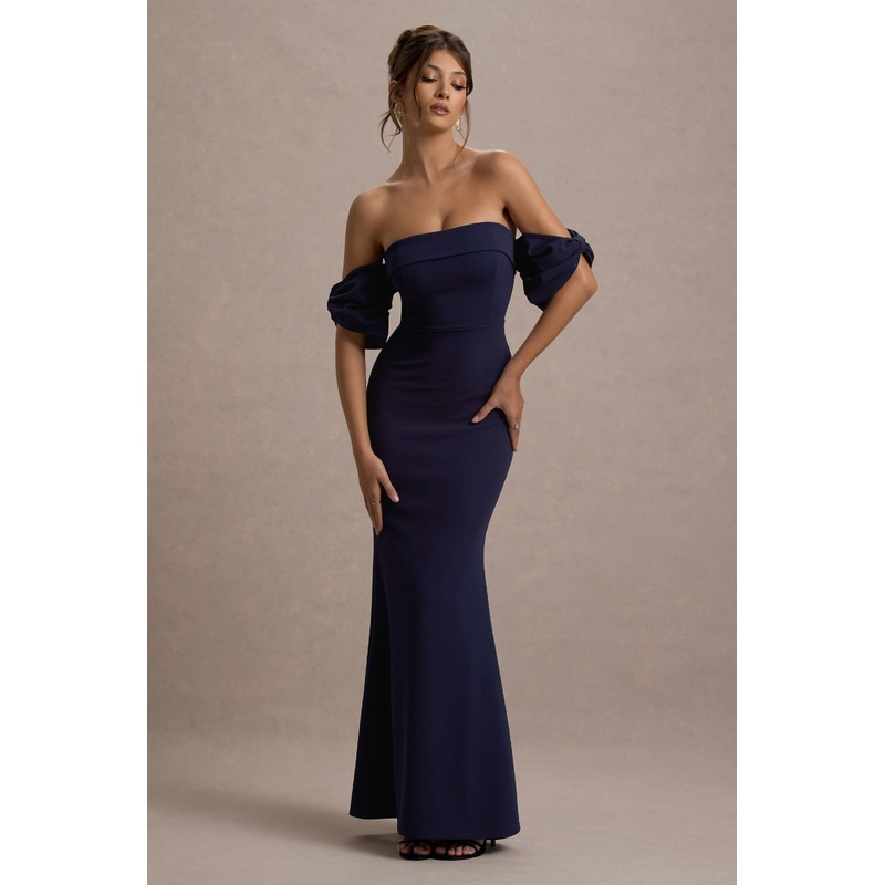 Alaine | Navy Bardot Maxi Dress With Bow Sleeves