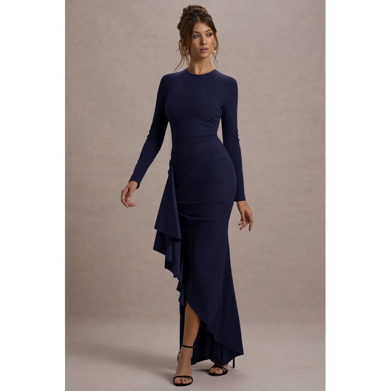 Alayna | Navy Long-Sleeve Maxi Dress With Ruffled Split