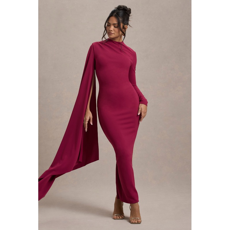 Aldona | Mulberry High-Neck Long-Sleeve Maxi Dress With Cape Sleeve