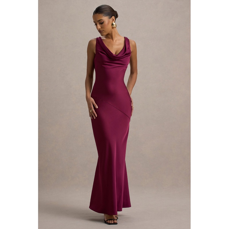 Alesso | Burgundy Satin Cowl-Neck Maxi Dress