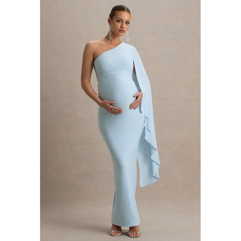 Aliana | Powder Blue Asymmetric Maternity Maxi Dress With Ruched Detailing