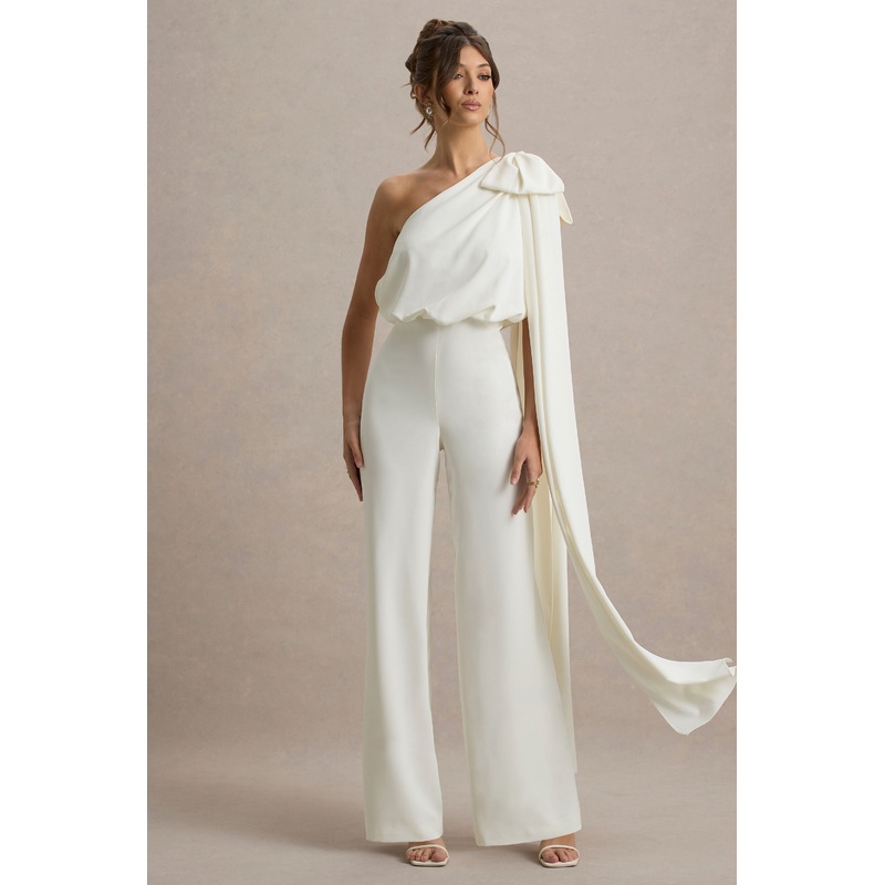 Alice | Cream Asymmetric Bow Shoulder Jumpsuit With Drape