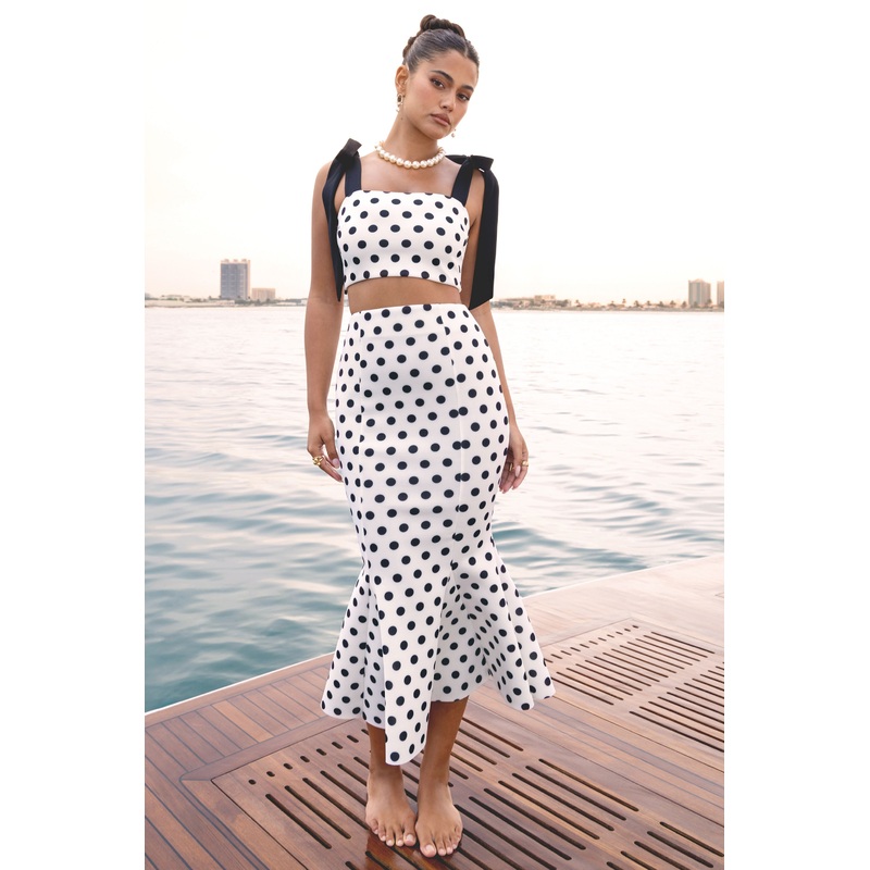 Amadea | Black & White Polka Dot Fishtail Midi Skirt