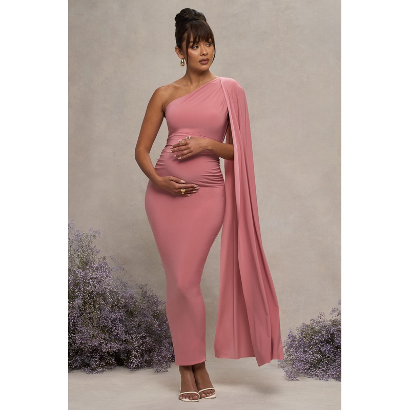 Amaryllis | Blush Pink Maternity One Shoulder Maxi Dress with Cape Sleeve