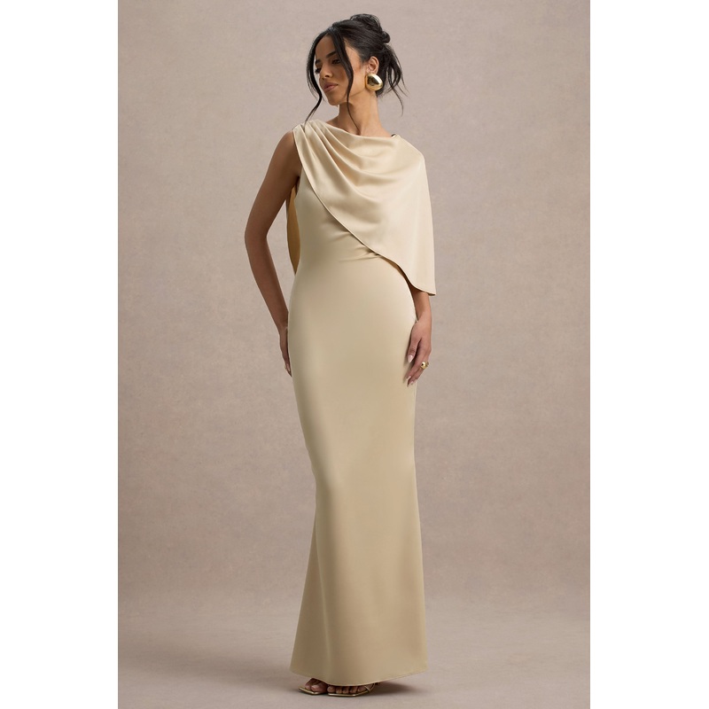 Ambra | Champagne Satin One-Shoulder Cape Maxi Dress