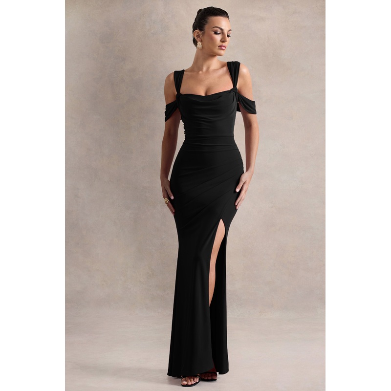 Amoura | Black Square-Neck Draped Wrap Maxi Dress