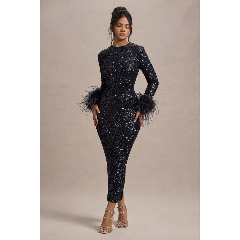 Analina | Navy Sequin Long-Sleeved Midi Dress With Feather Cuffs