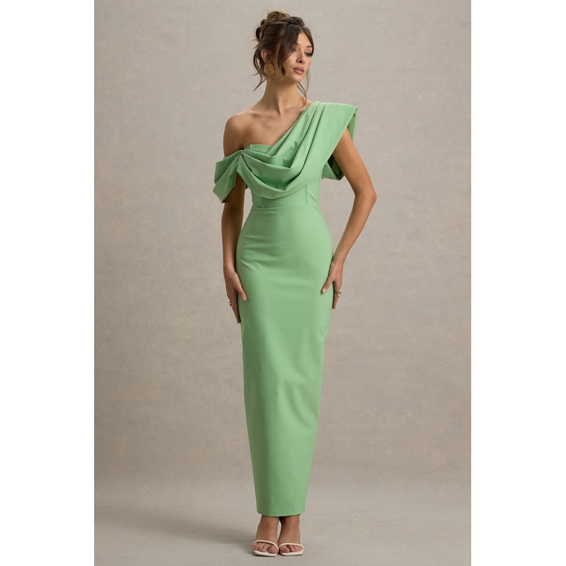 Angelina | Green Draped Shoulder Maxi Dress