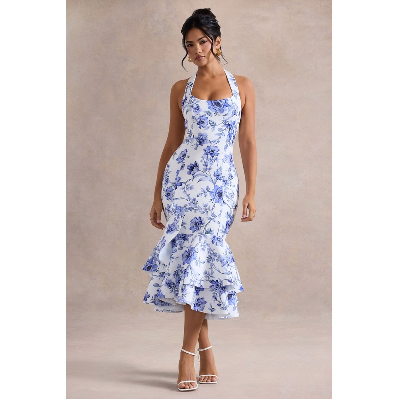 Arla | Blue Floral Print Halter-Neck Ruffle Trim Midi Dress