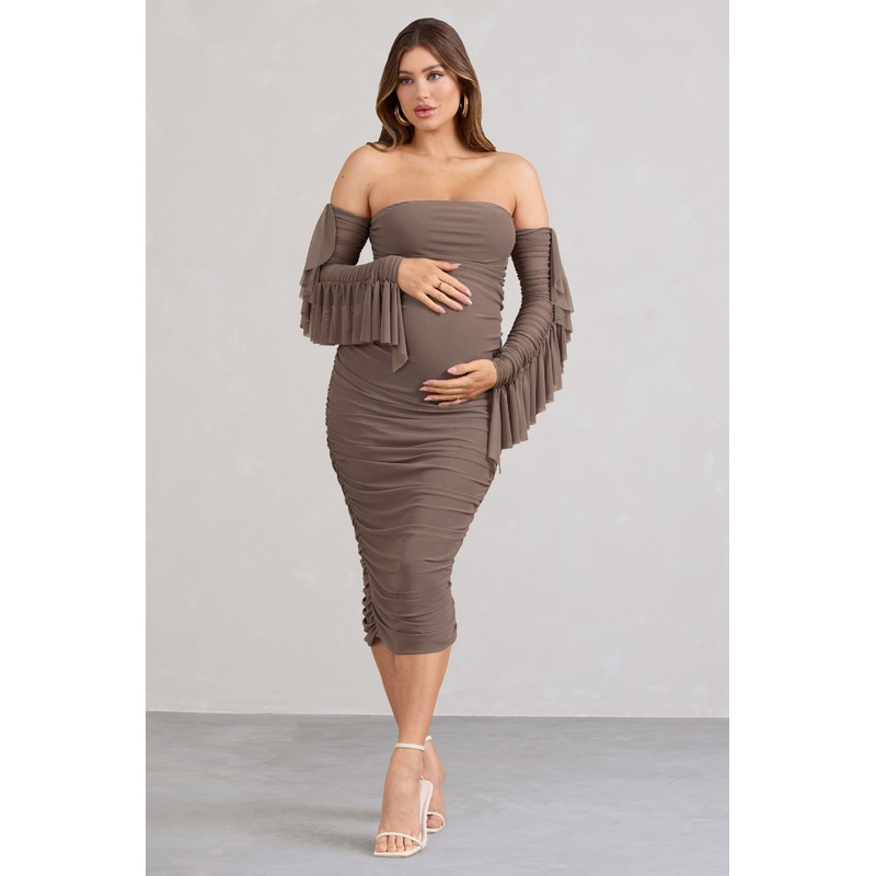 Aroma | Brown Ruched Mesh Maternity Midi Dress With Ruffled Sleeves