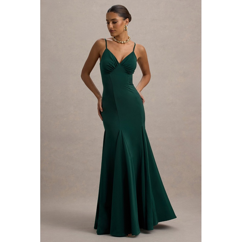 Ashly | Bottle Green Satin Maxi Dress With Volume Hem