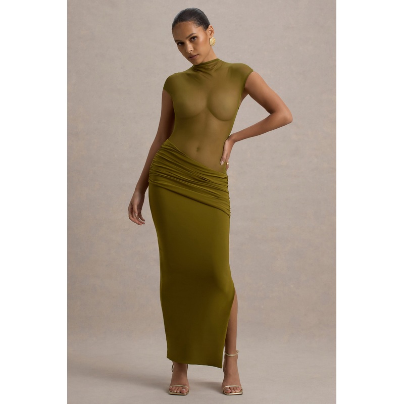 Asia | Green Sheer Short-Sleeve Draped Maxi Dress