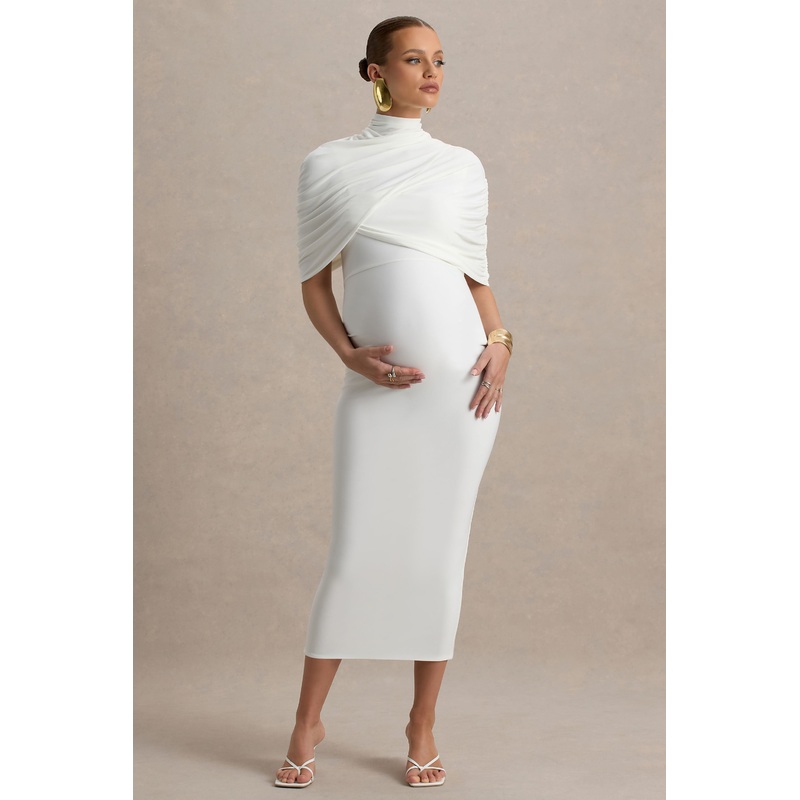 Augustina | White Maternity Midi Dress With Cape