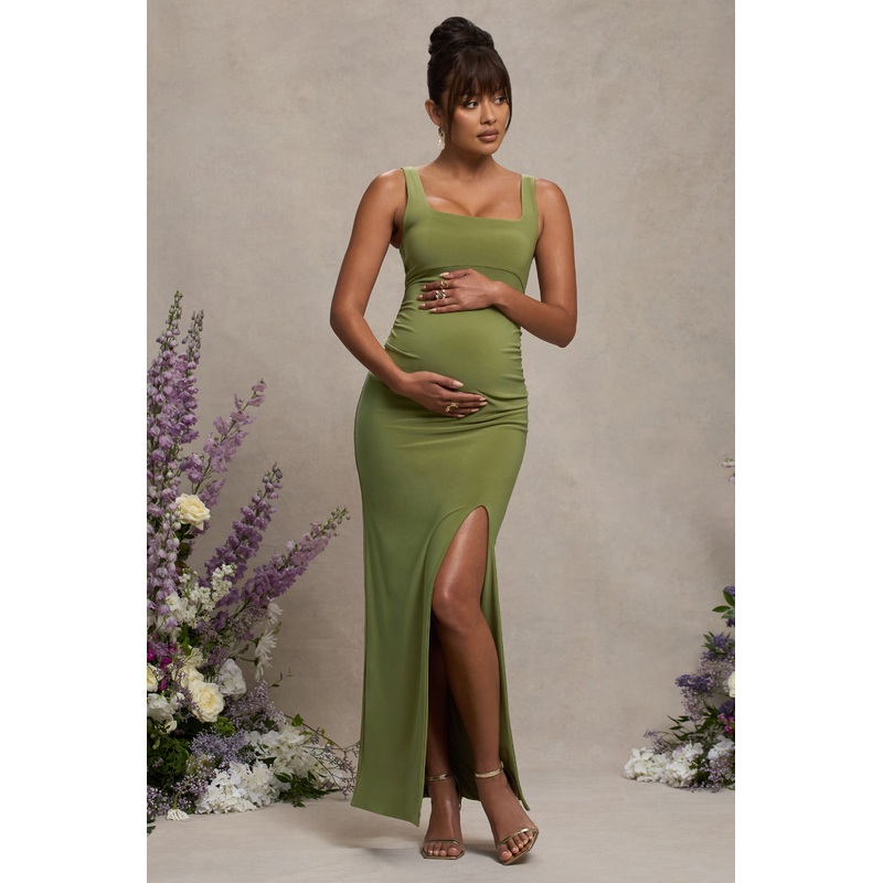 Avril | Olive Square Neck Maternity Maxi Dress with Split