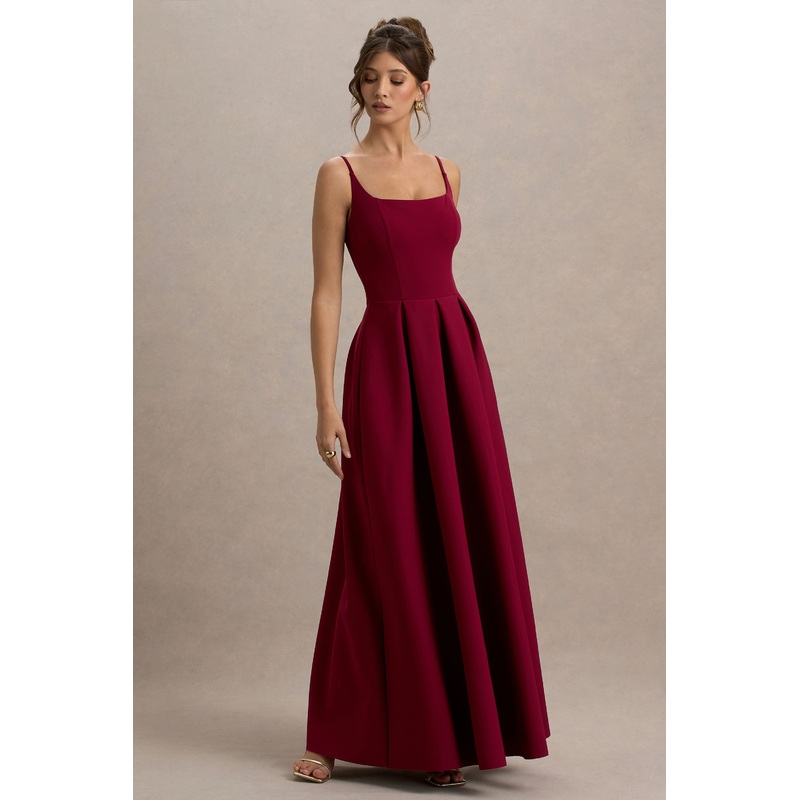 Bambina | Burgundy Scoop-Neck Pleated Maxi Dress