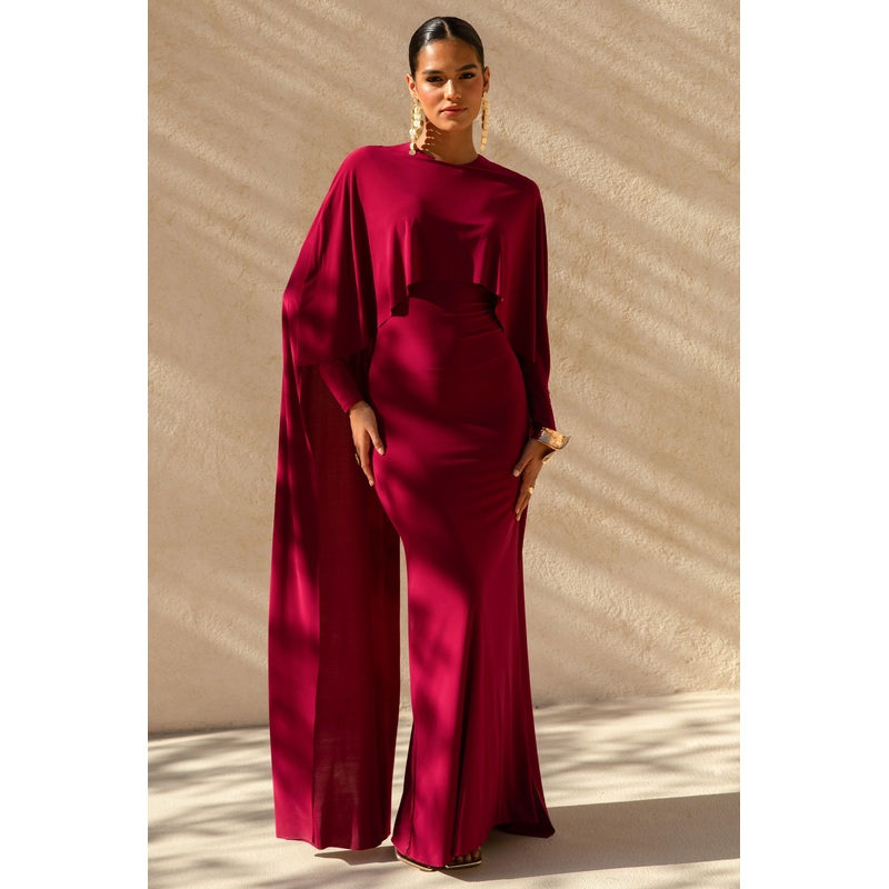 Belinda | Burgundy Draped Maxi Dress With Cape Sleeves